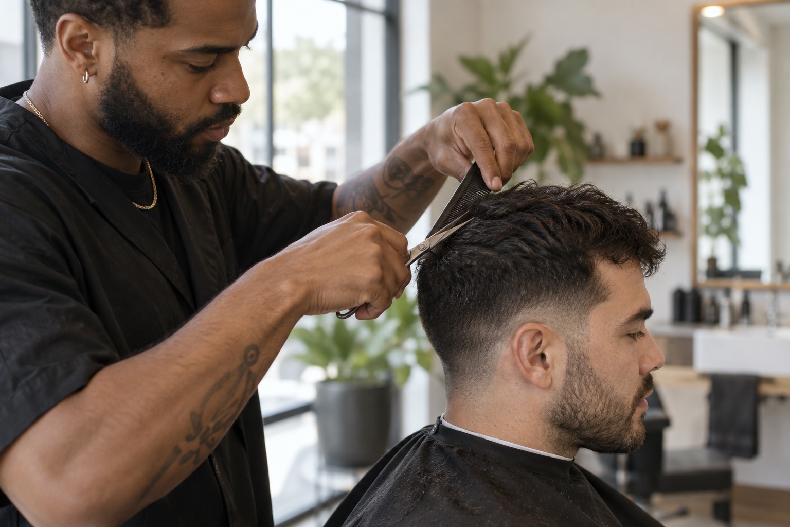 Barber carefully working with a client in a modern studio