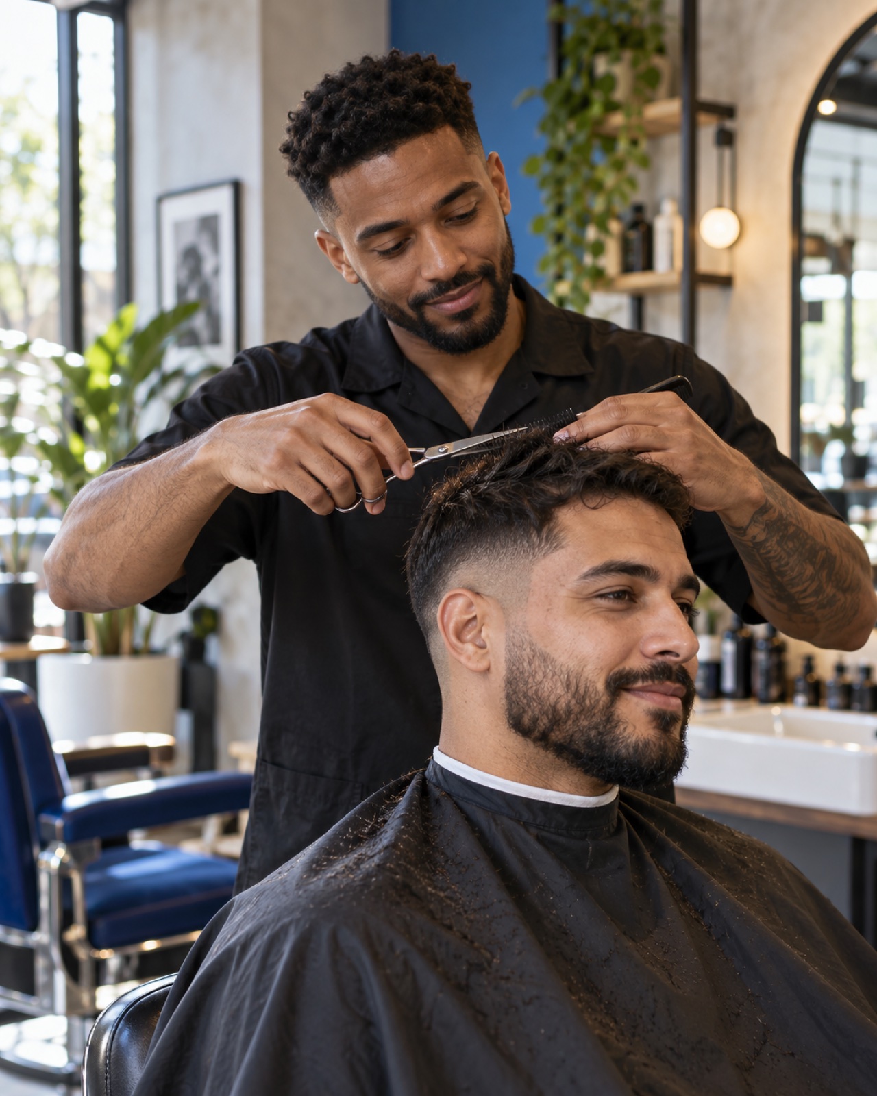 A barber and client sharing a relaxed appointment