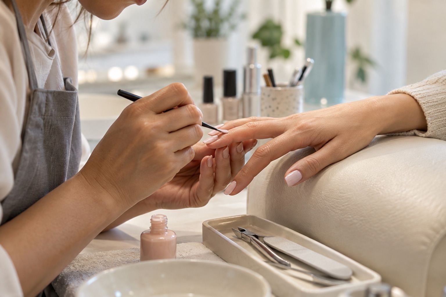 Close-up of a nail artist carefully painting a client's nails