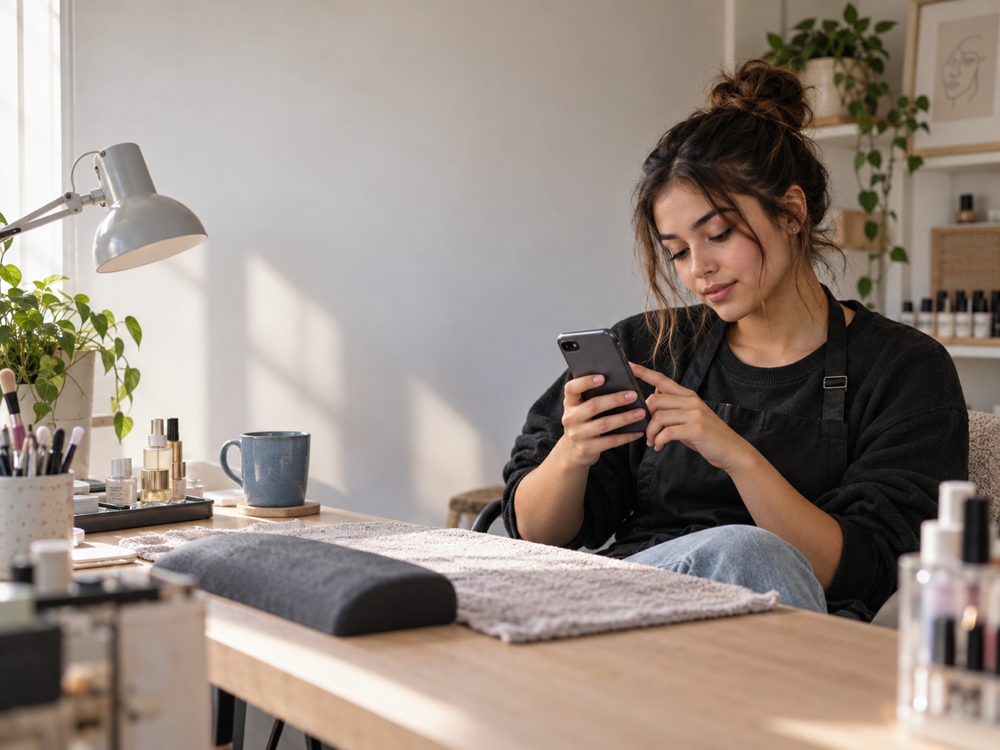 Illustrative scene of an independent beauty professional comparing booking apps at a modest home workspace