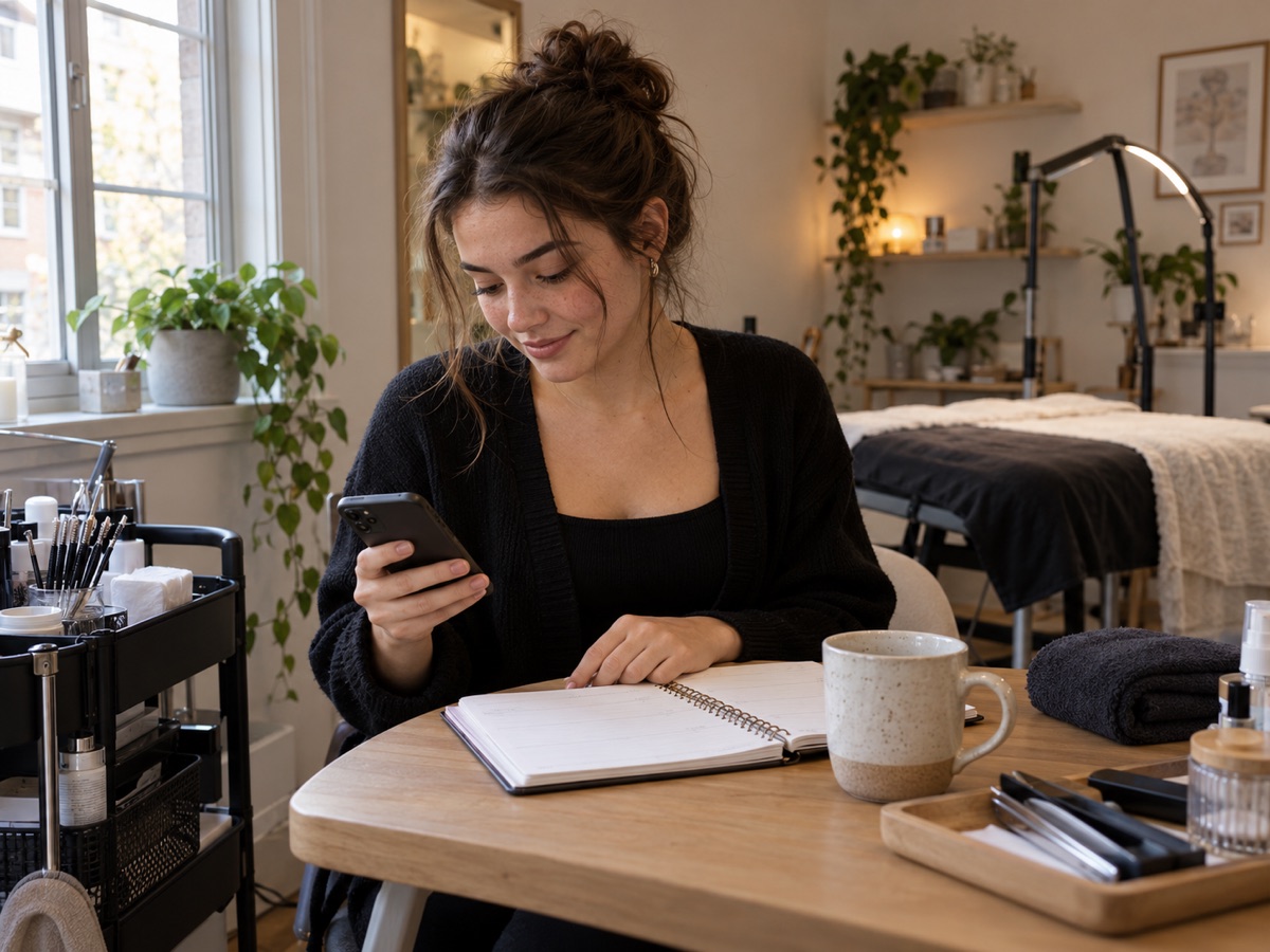 Illustrative scene of a young adult beauty professional checking her schedule at a home workspace