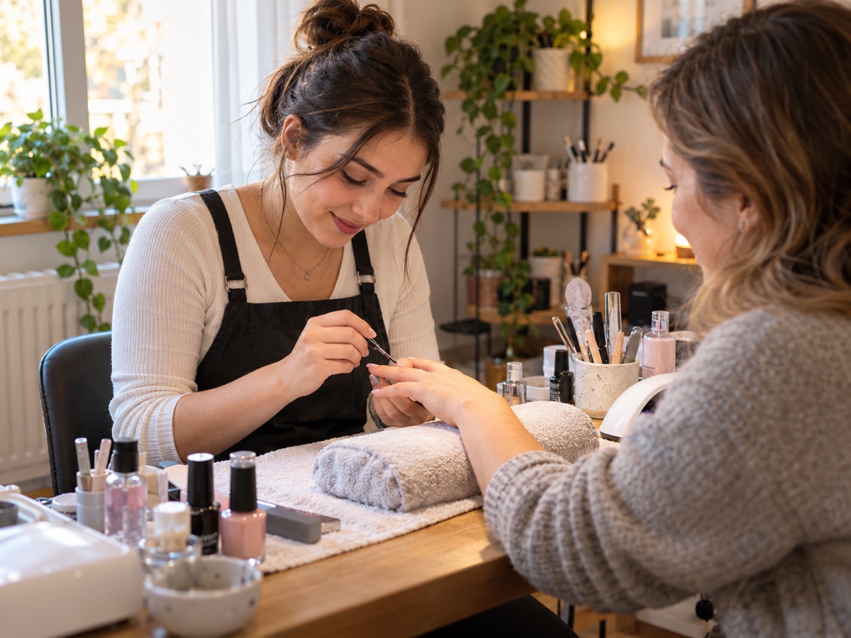 Illustrative scene of a young adult nail professional working with a client at a home table
