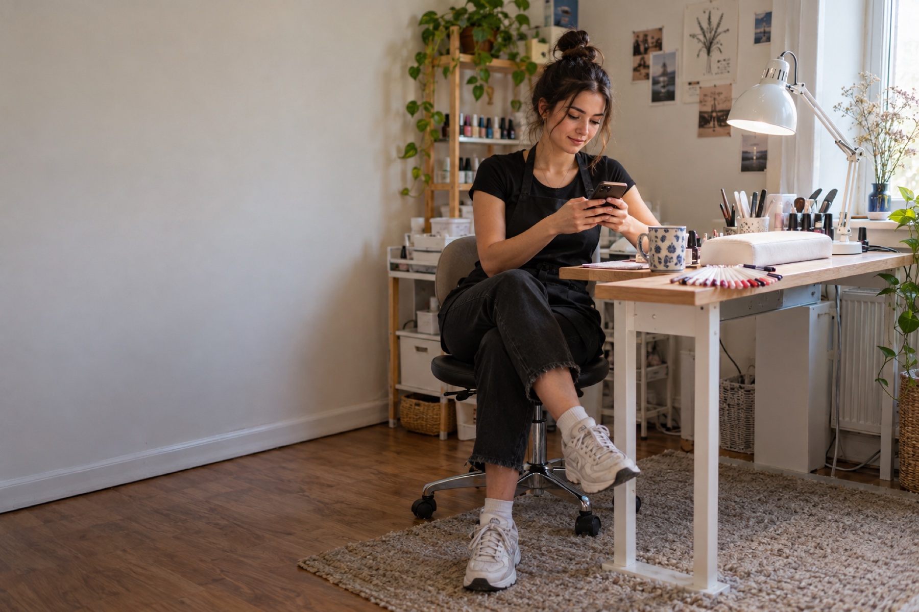 Young independent nail artist sitting with her legs crossed and checking her phone at a modest home manicure table