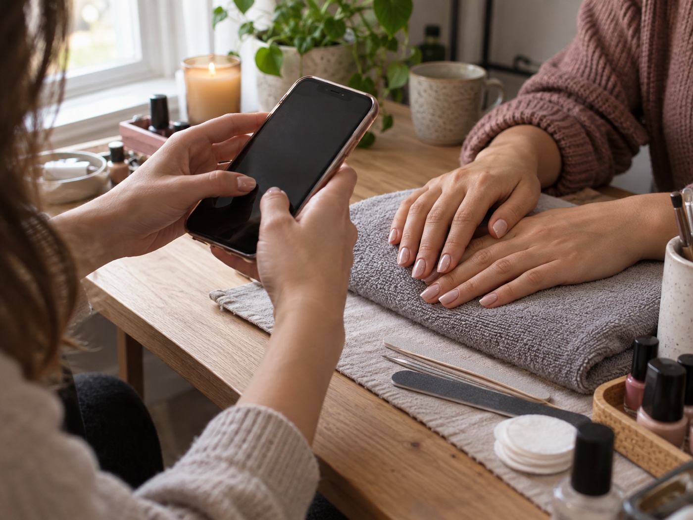 Independent nail artist taking a simple portfolio photograph of a client's finished natural manicure