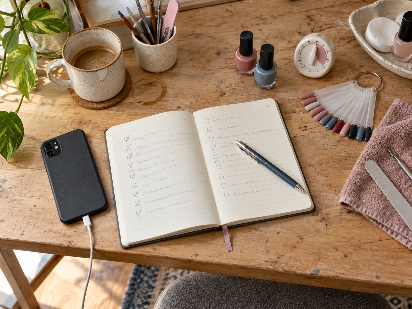 A realistic weekly beauty business planning notebook beside a phone and manicure tools on a worn wooden desk