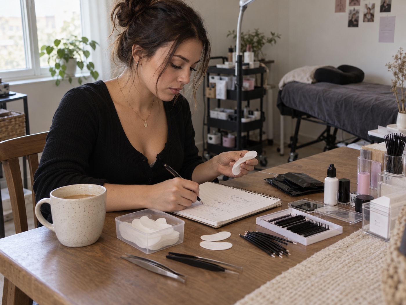 Young independent lash artist counting pads, micro brushes and lash supplies at a modest home workspace