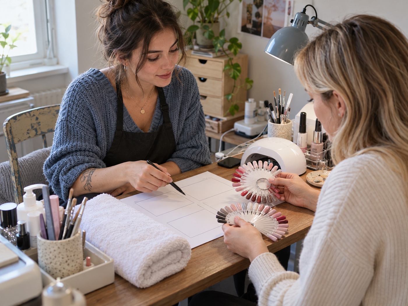 Independent nail artist helping a client compare service options and nail color swatches at a home manicure table