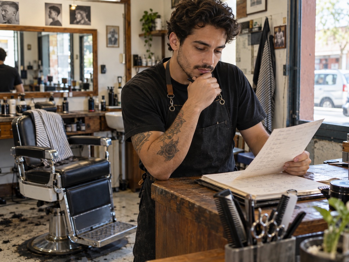 Illustrative scene of an independent barber reviewing service options at a neighborhood shop