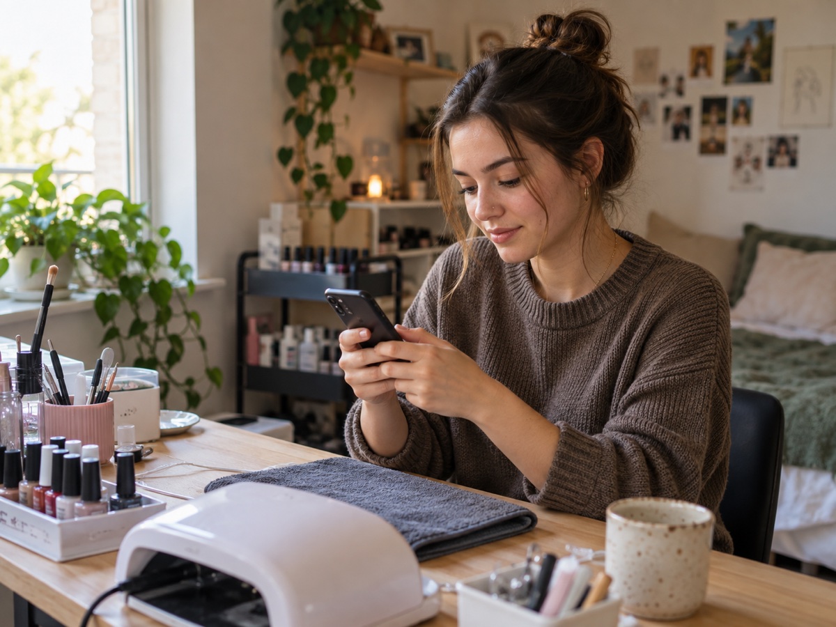 Independent nail professional sharing her booking link from a real workspace