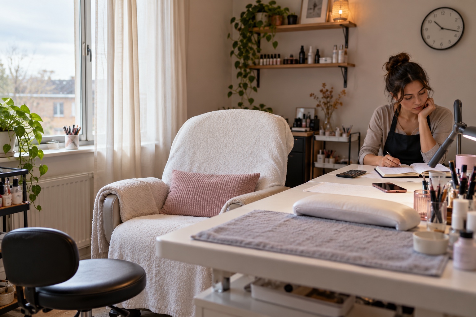 An empty reserved client chair in a modest home beauty studio while the professional reviews her appointment book