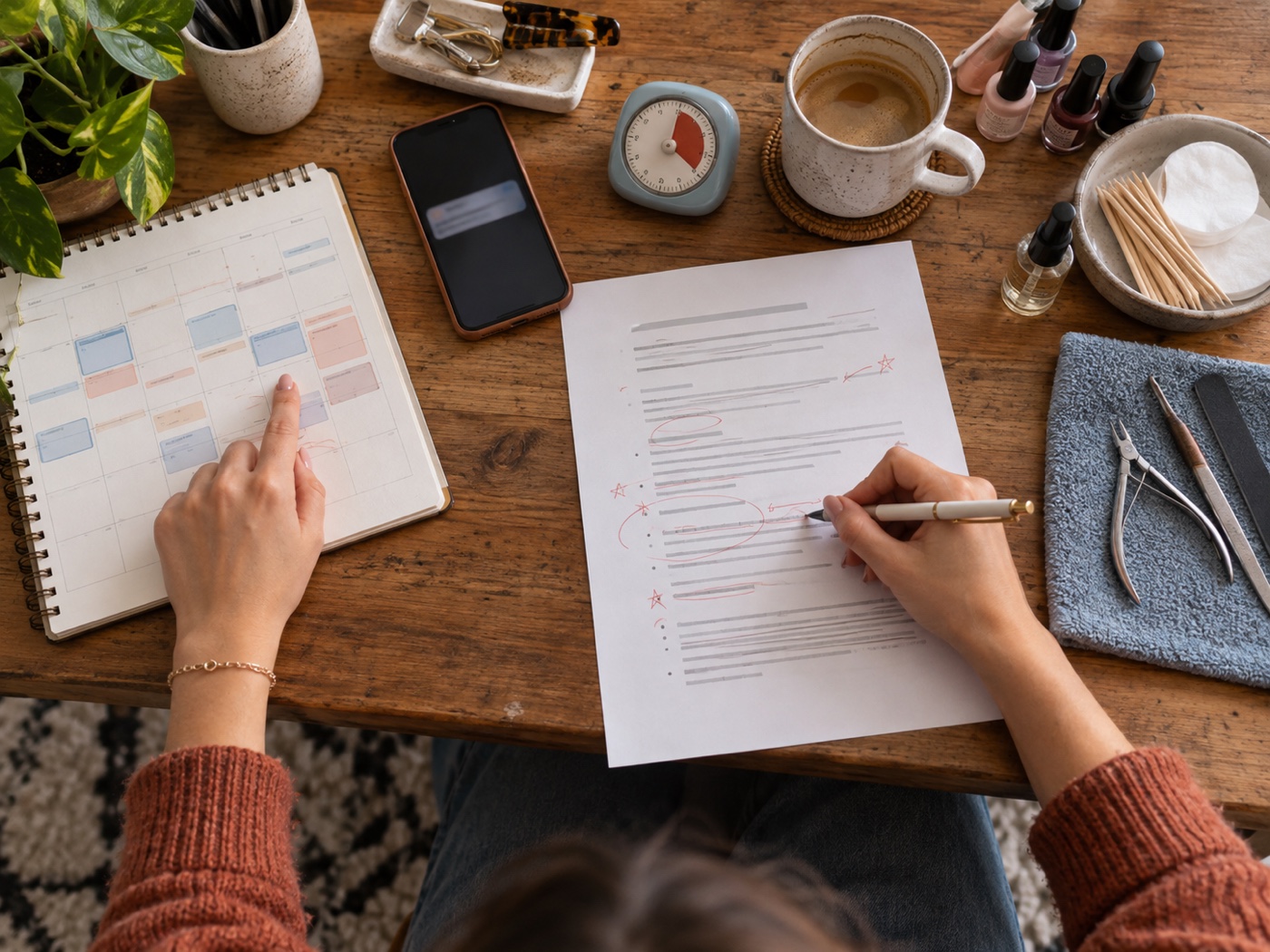 A beauty professional editing a cancellation policy beside an appointment calendar at a real home workspace